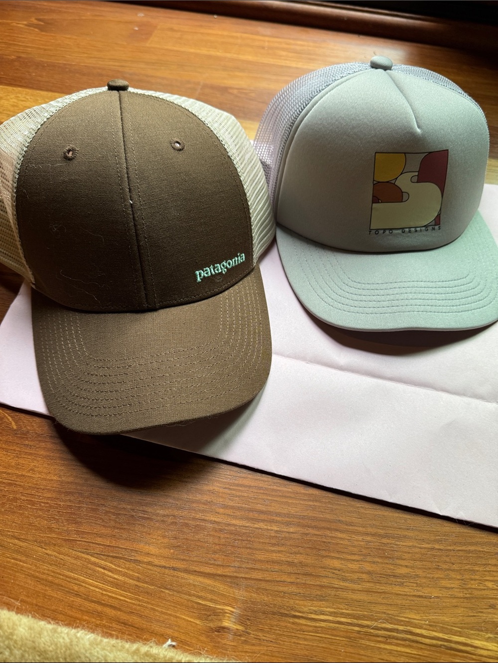 NWOT Patagonia Brown and Cream Mesh Trucker Hat with Teal Logo set of 2